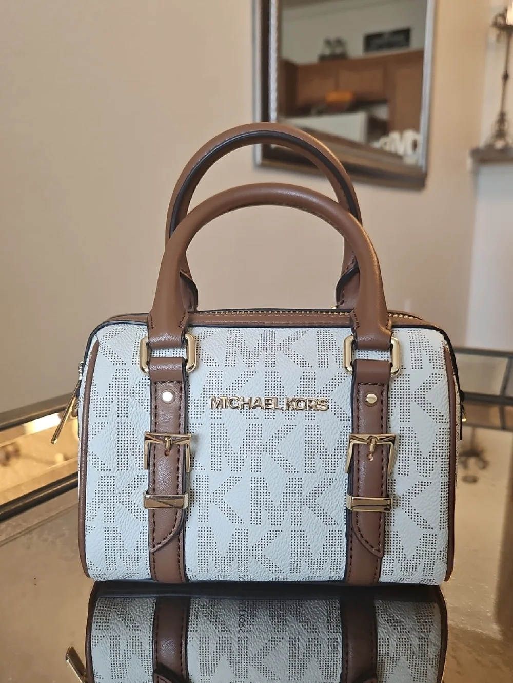 Michael Kors Cream & Brown Mini Logo Satchel